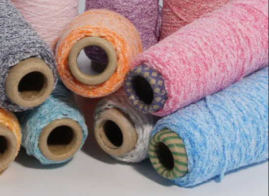 Due colori miscelati di chenille, filati di fibra, colorati, 50% poliestere, 50% cotone, miscelato, punto bianco